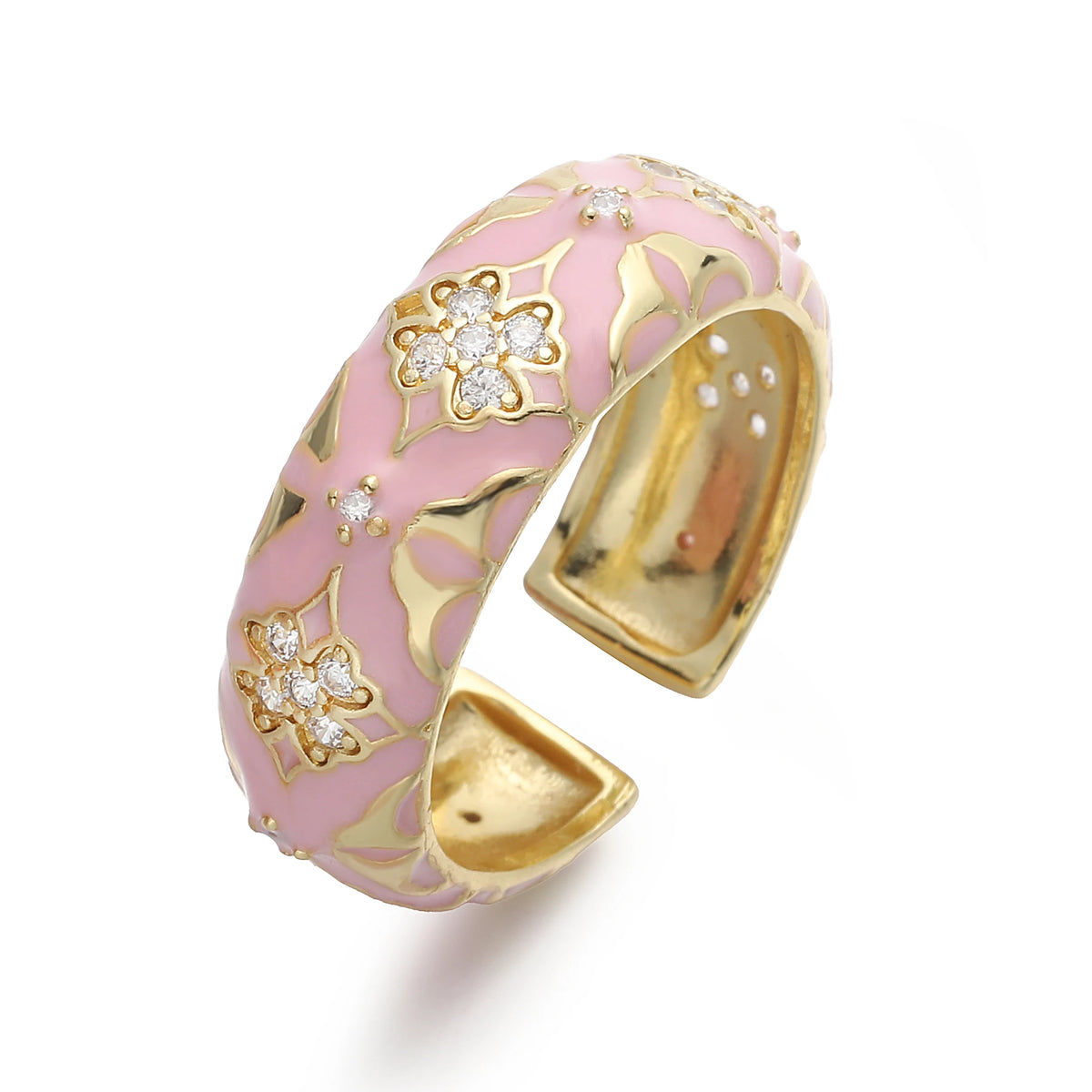 HECHENG,Enamel Dripping Glaze Four-Leaf Clover Floral Ring with Cubic Zirconia for Women Sweet and Romantic Jewelry Gift