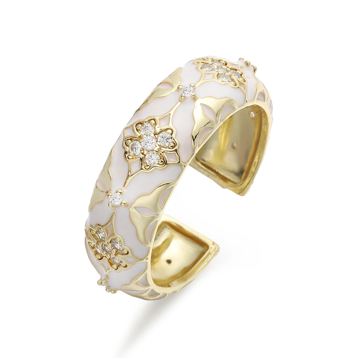 HECHENG,Enamel Dripping Glaze Four-Leaf Clover Floral Ring with Cubic Zirconia for Women Sweet and Romantic Jewelry Gift