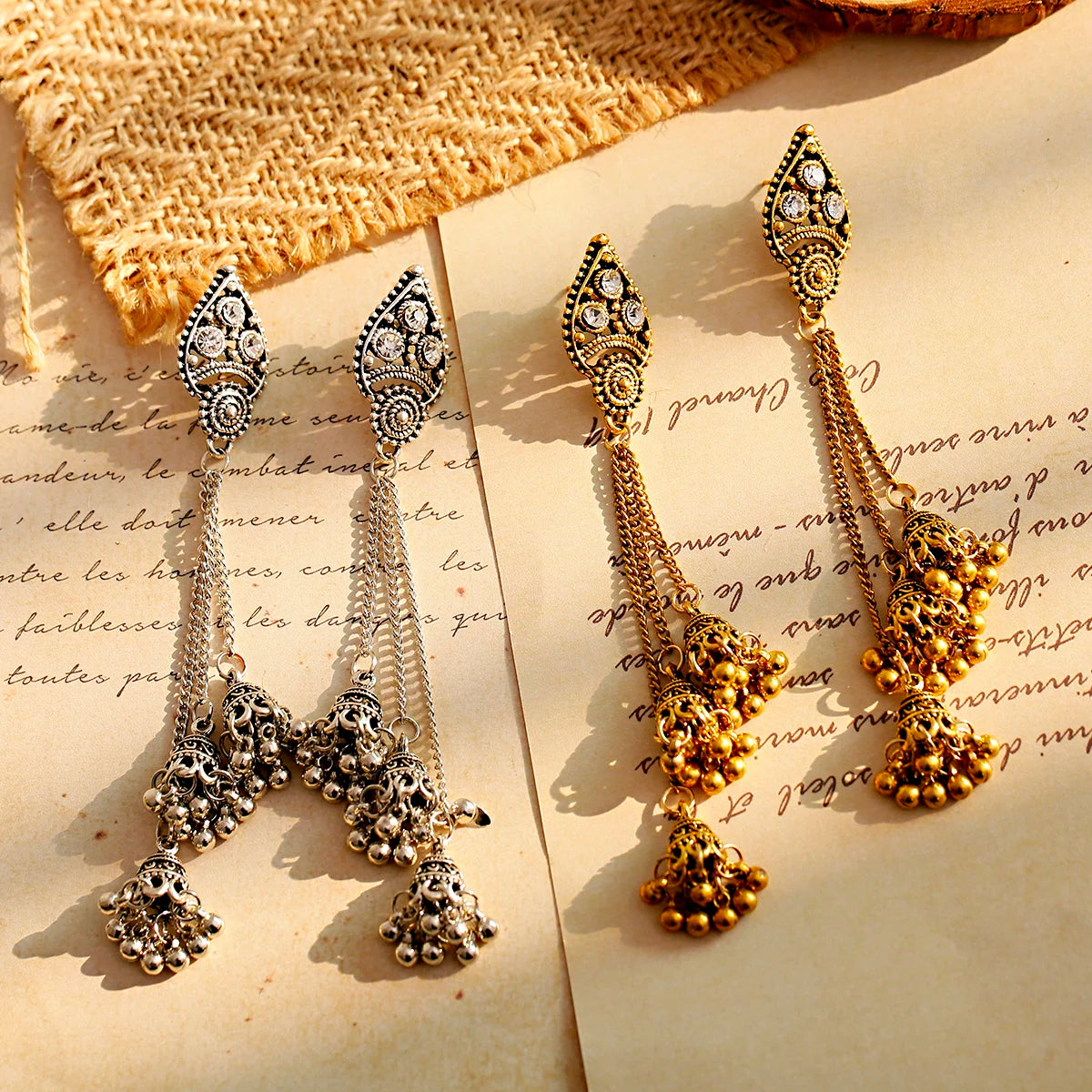 SEHAR Gold & Silver Bell Tassel Earrings