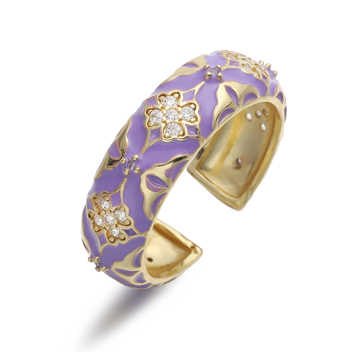 HECHENG,Enamel Dripping Glaze Four-Leaf Clover Floral Ring with Cubic Zirconia for Women Sweet and Romantic Jewelry Gift