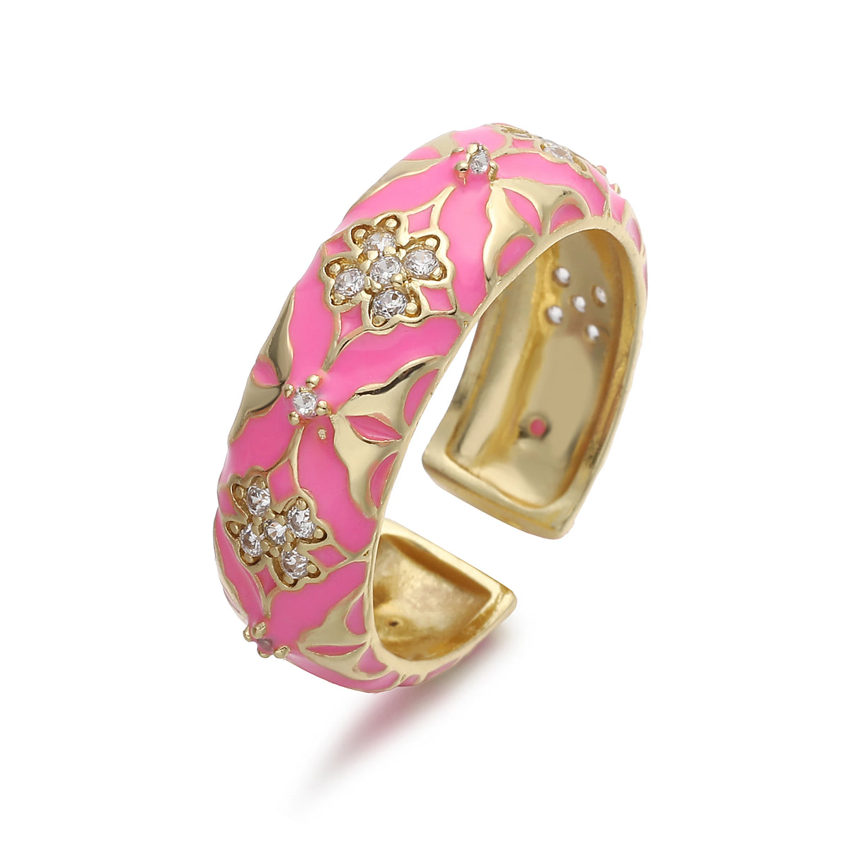 HECHENG,Enamel Dripping Glaze Four-Leaf Clover Floral Ring with Cubic Zirconia for Women Sweet and Romantic Jewelry Gift