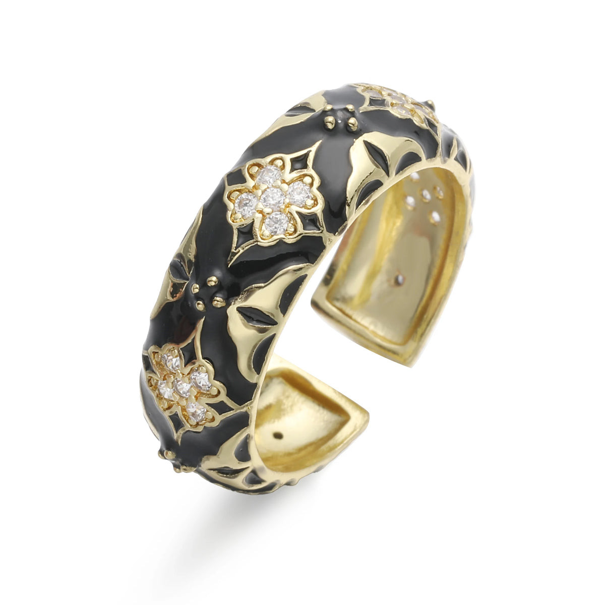 HECHENG,Enamel Dripping Glaze Four-Leaf Clover Floral Ring with Cubic Zirconia for Women Sweet and Romantic Jewelry Gift