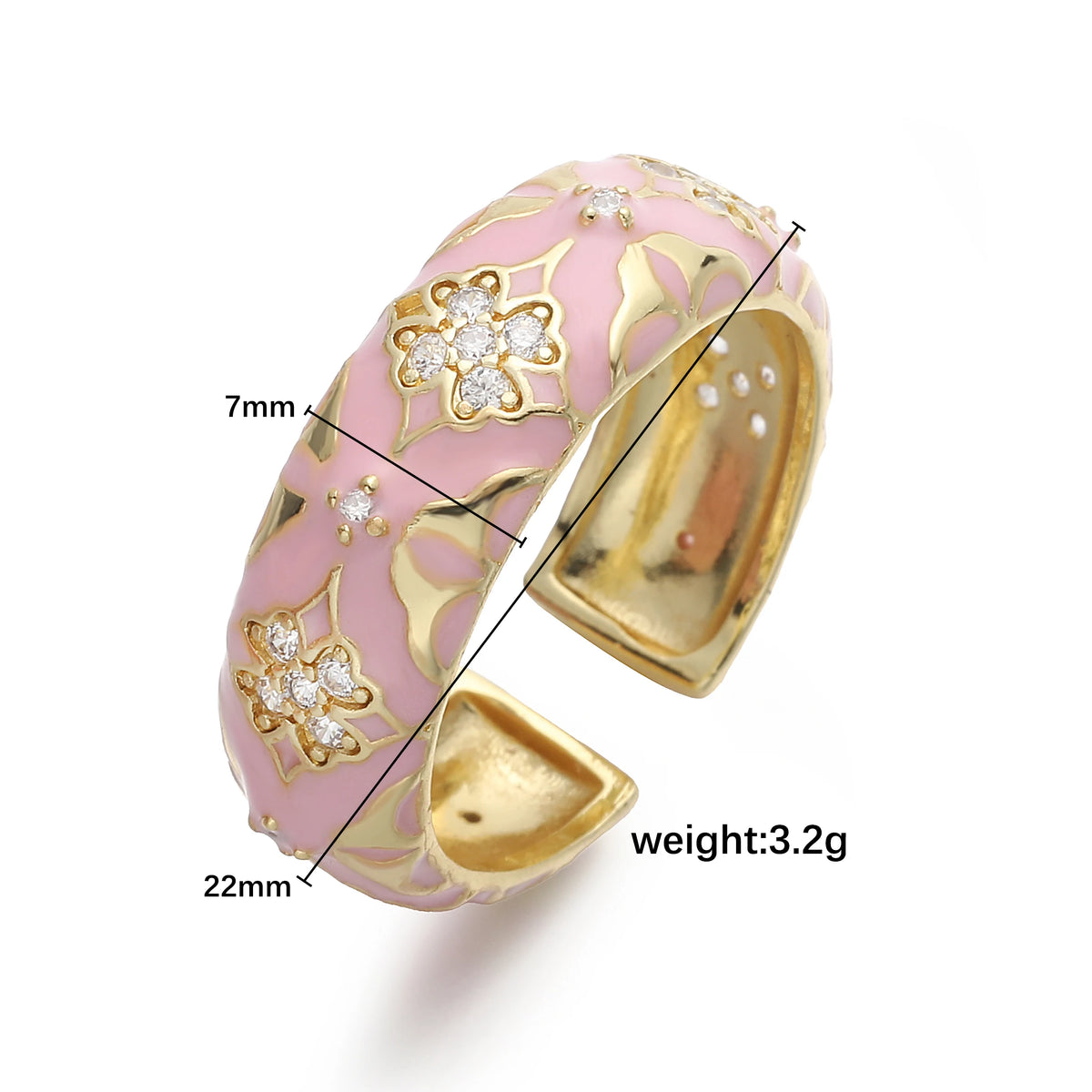 HECHENG,Enamel Dripping Glaze Four-Leaf Clover Floral Ring with Cubic Zirconia for Women Sweet and Romantic Jewelry Gift