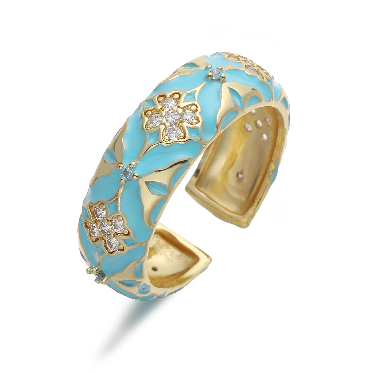 HECHENG,Enamel Dripping Glaze Four-Leaf Clover Floral Ring with Cubic Zirconia for Women Sweet and Romantic Jewelry Gift